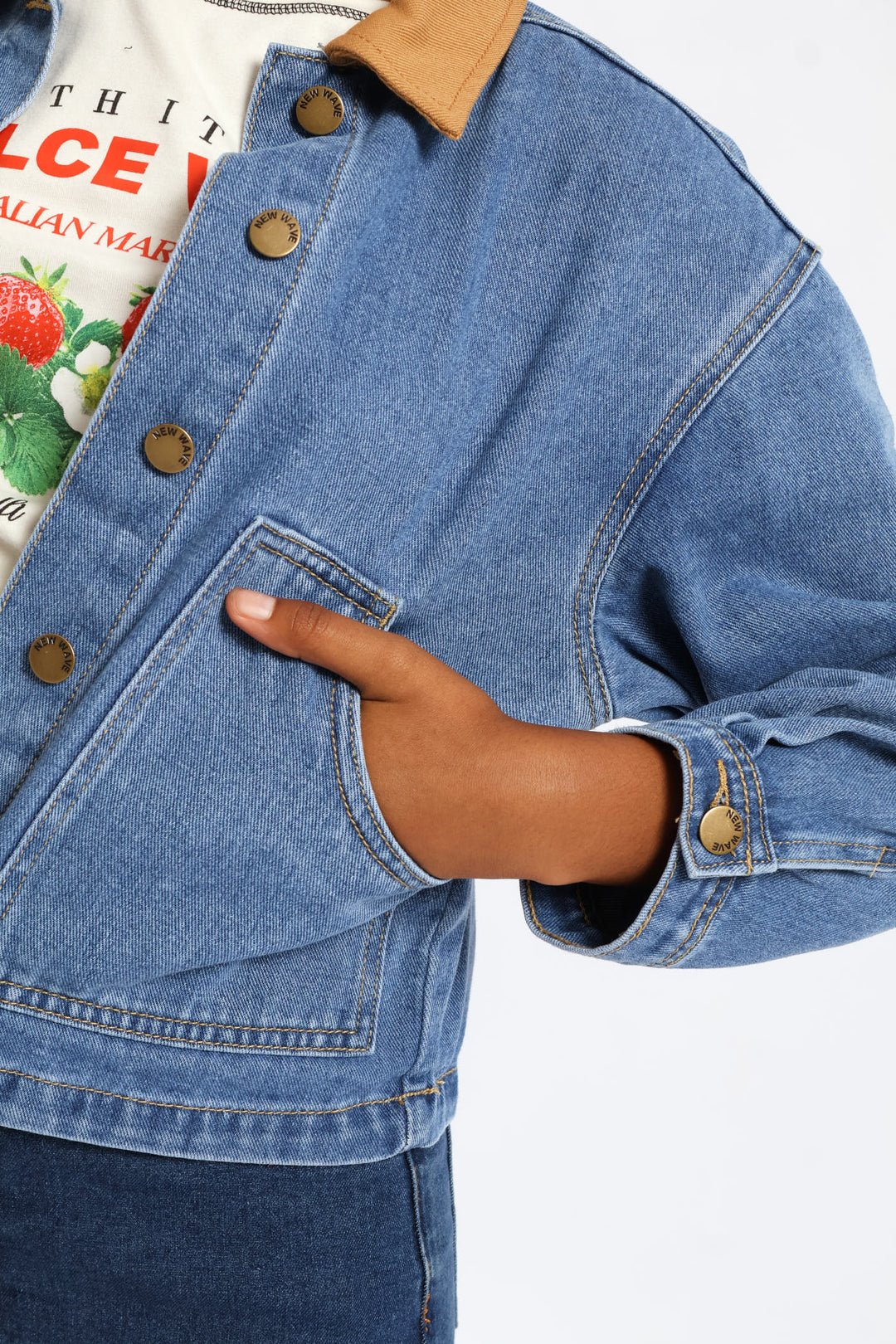 Girls Twill Contrast Collar Denim Jacket - Mid Blue