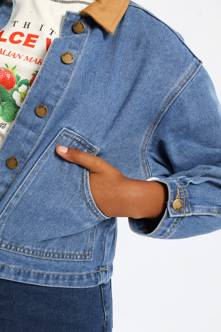 Girls Twill Contrast Collar Denim Jacket - Mid Blue
