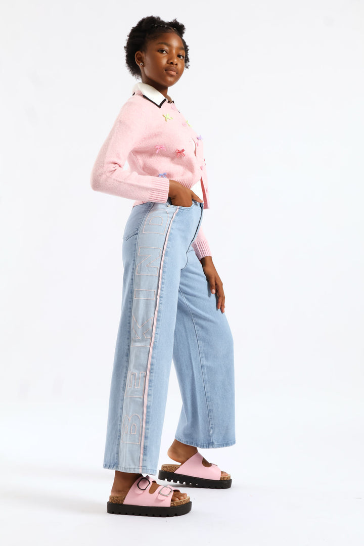 Girls Be Kind Contrast Wide Leg Fashion Denim - Mid Blue
