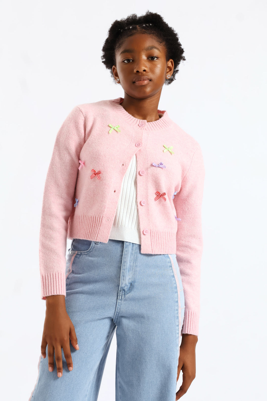 Girls Gingham Bow Trim Cardigan - Light Pink