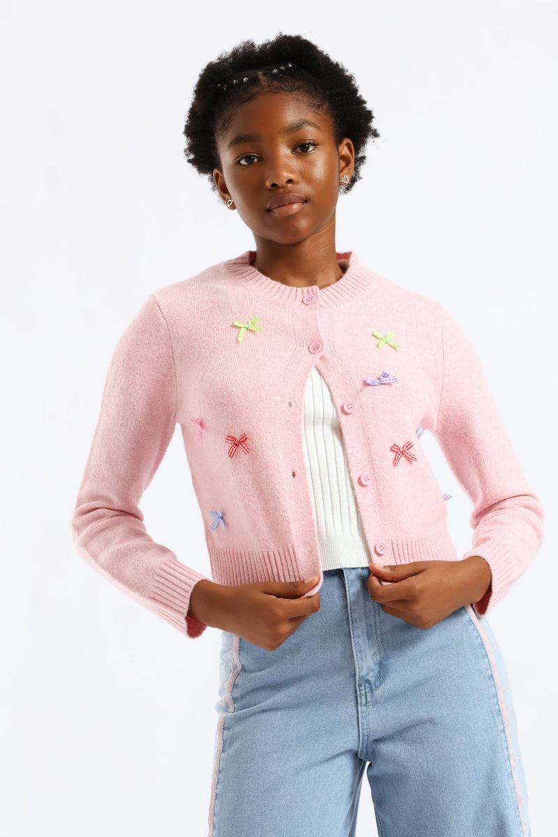 Girls Gingham Bow Trim Cardigan - Light Pink