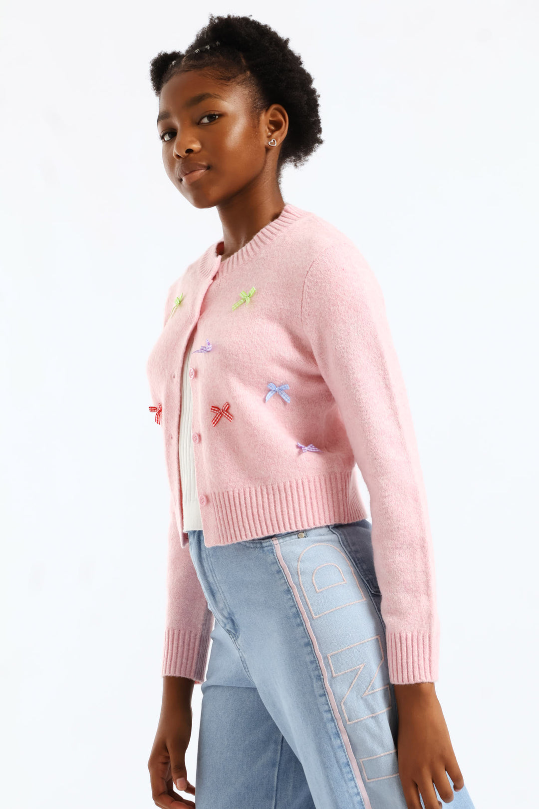 Girls Gingham Bow Trim Cardigan - Light Pink