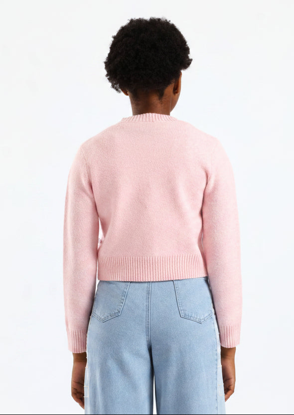 Girls Gingham Bow Trim Cardigan - Light Pink