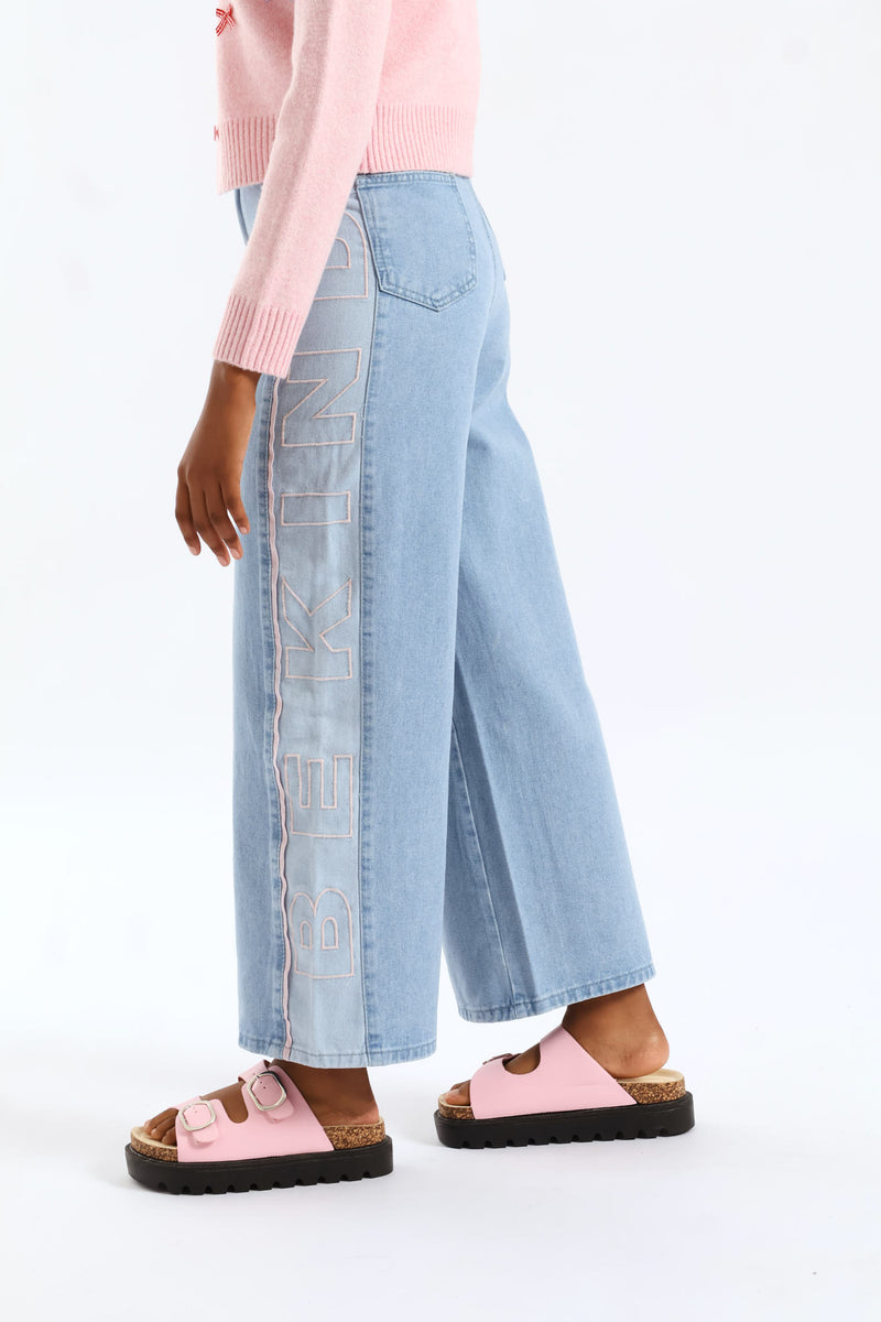 Girls Be Kind Contrast Wide Leg Fashion Denim - Mid Blue
