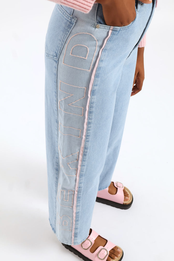Girls Be Kind Contrast Wide Leg Fashion Denim - Mid Blue