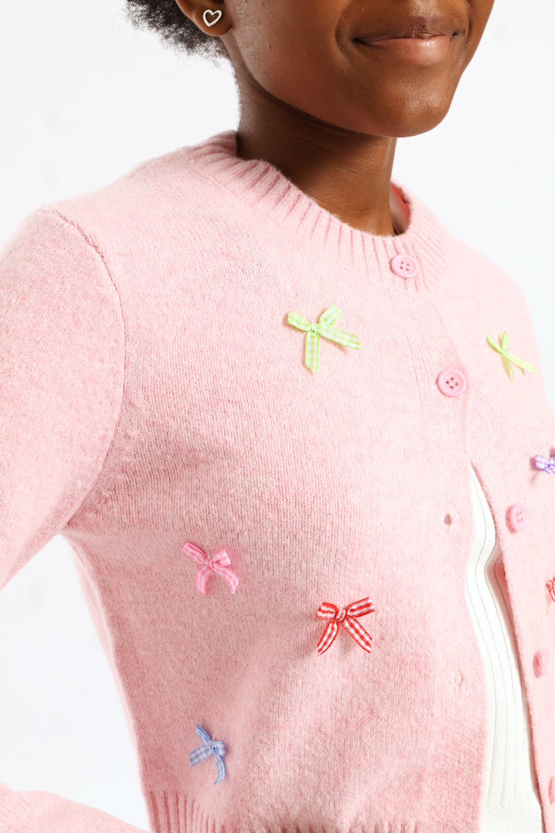 Girls Gingham Bow Trim Cardigan - Light Pink