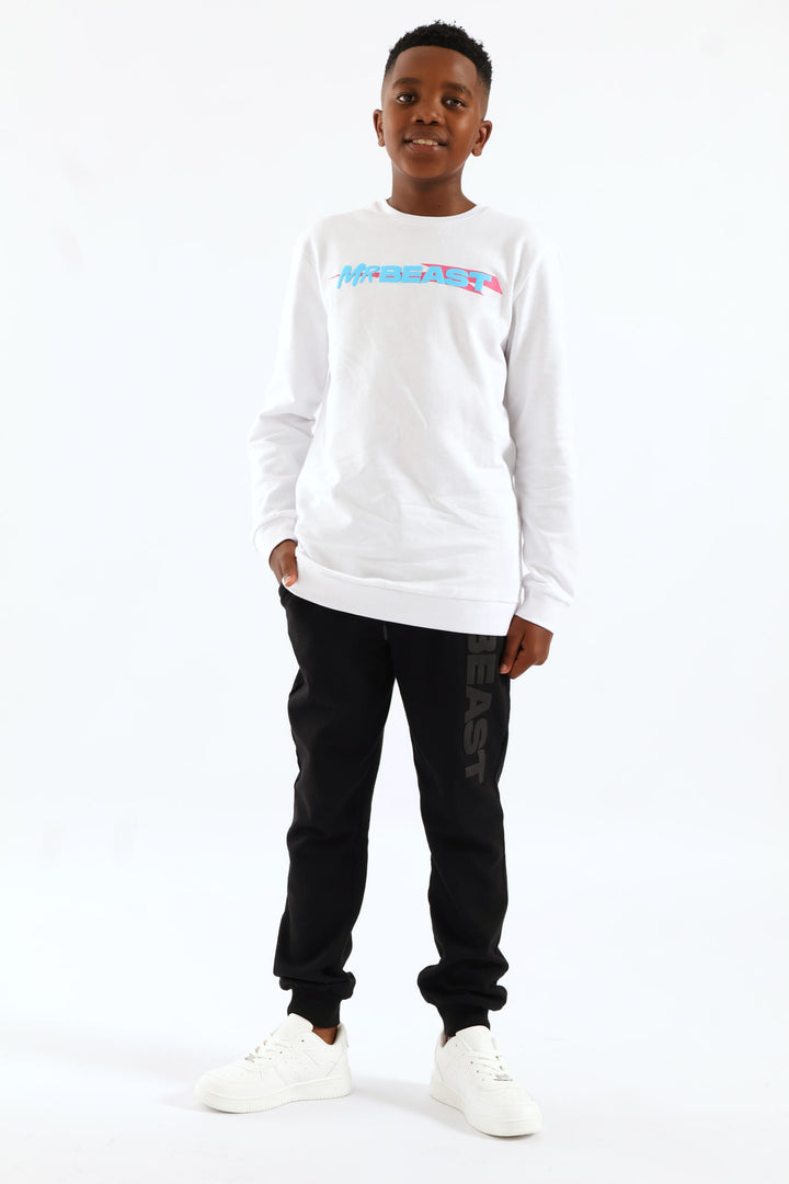Boys Mr Beast Front & Back Crew Top - White