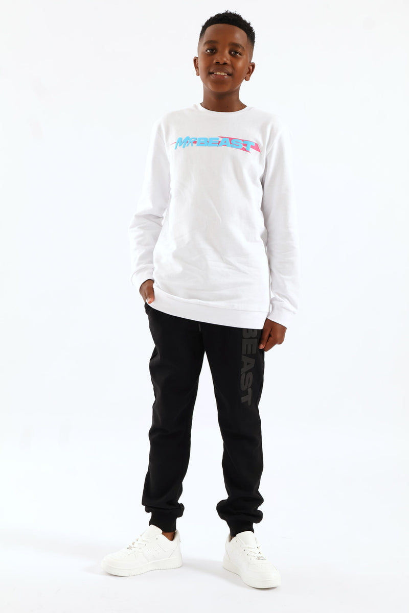 Boys Mr Beast Front & Back Crew Top - White
