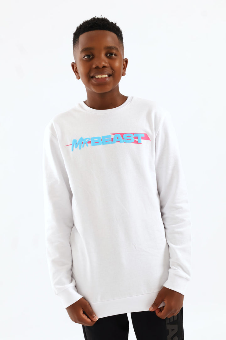 Boys Mr Beast Front & Back Crew Top - White