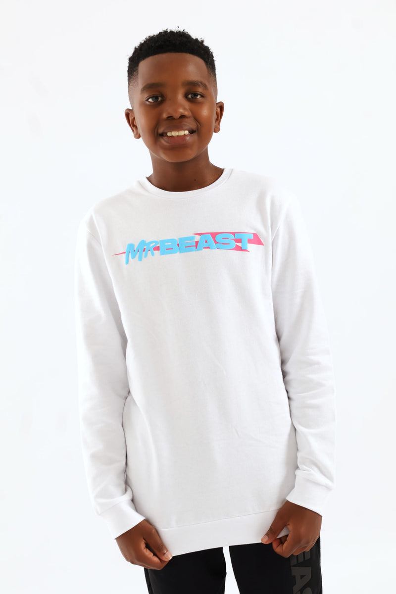 Boys Mr Beast Front & Back Crew Top - White