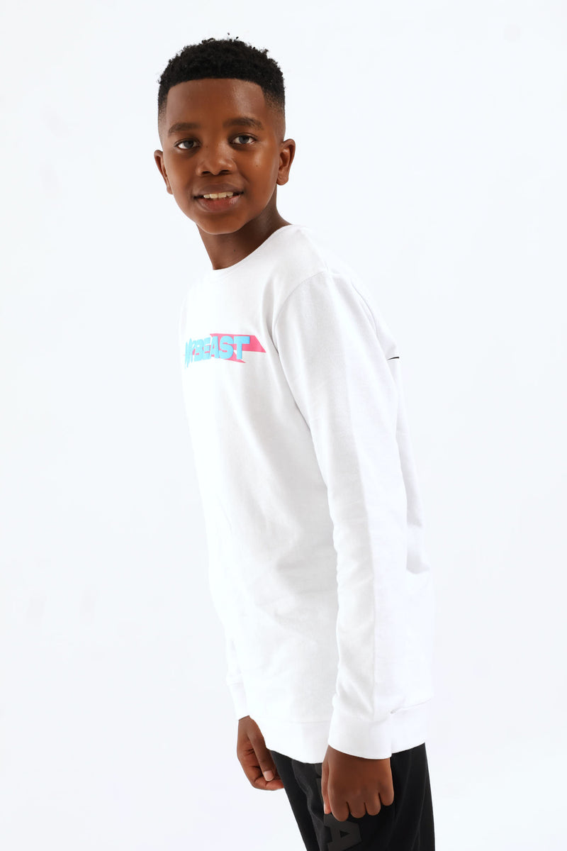 Boys Mr Beast Front & Back Crew Top - White