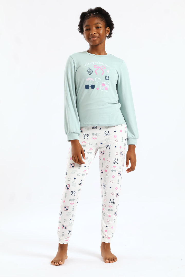 Girls Long Sleeve Bows & Shells Sleep Set - Sage