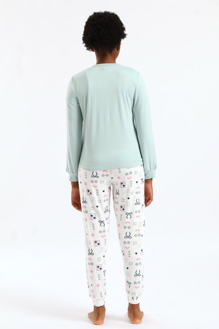 Girls Long Sleeve Bows & Shells Sleep Set - Sage