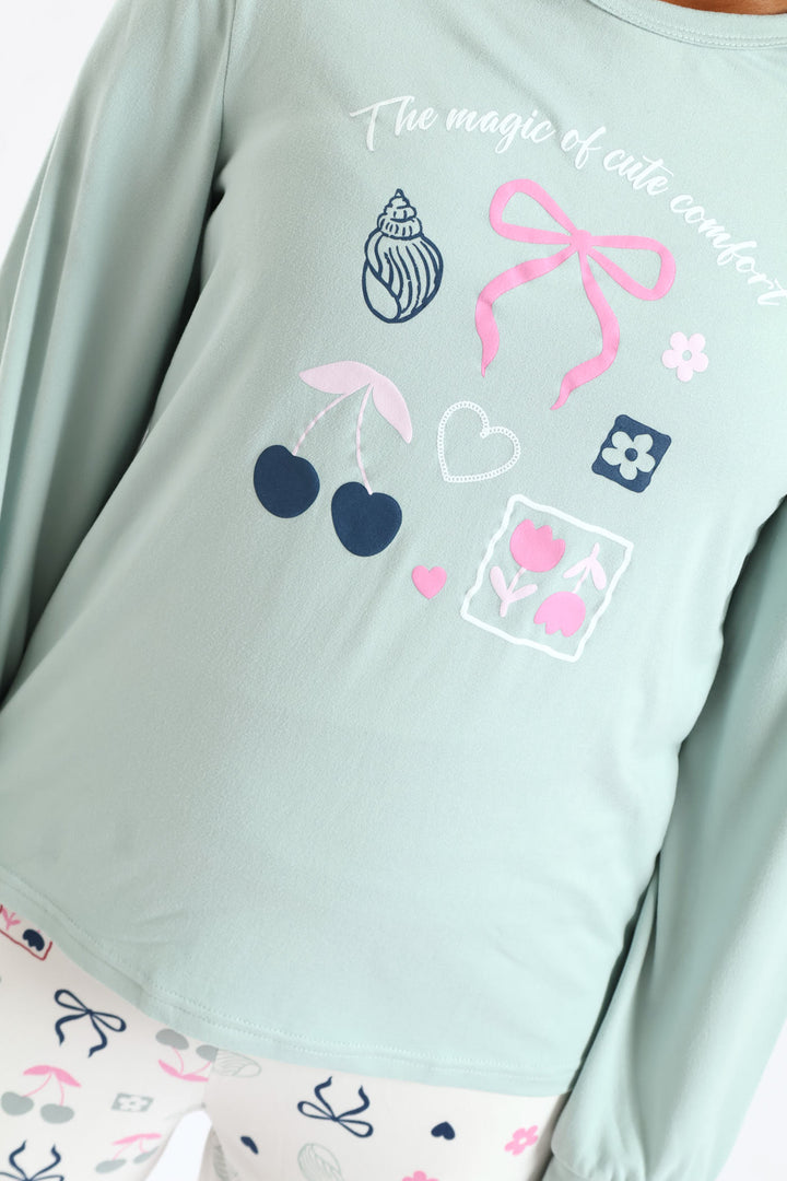 Girls Long Sleeve Bows & Shells Sleep Set - Sage