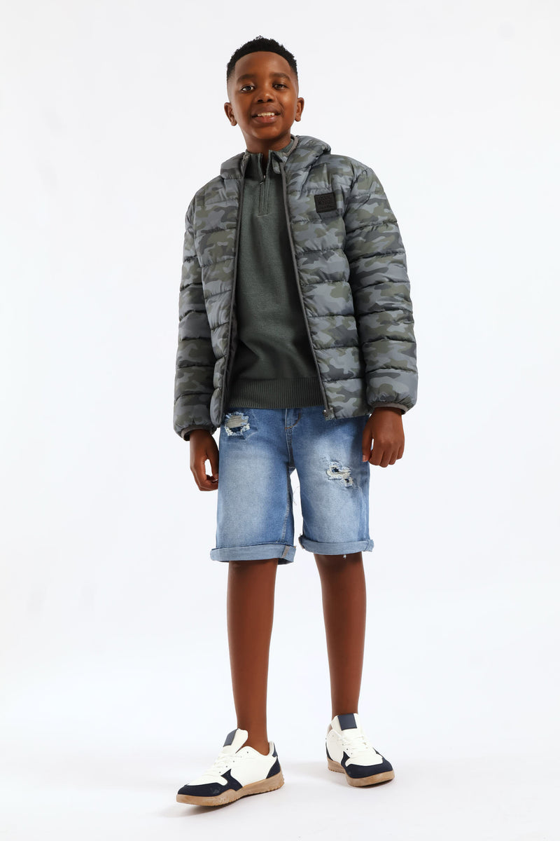 Boys Camo Print Puffer Jacket - Green