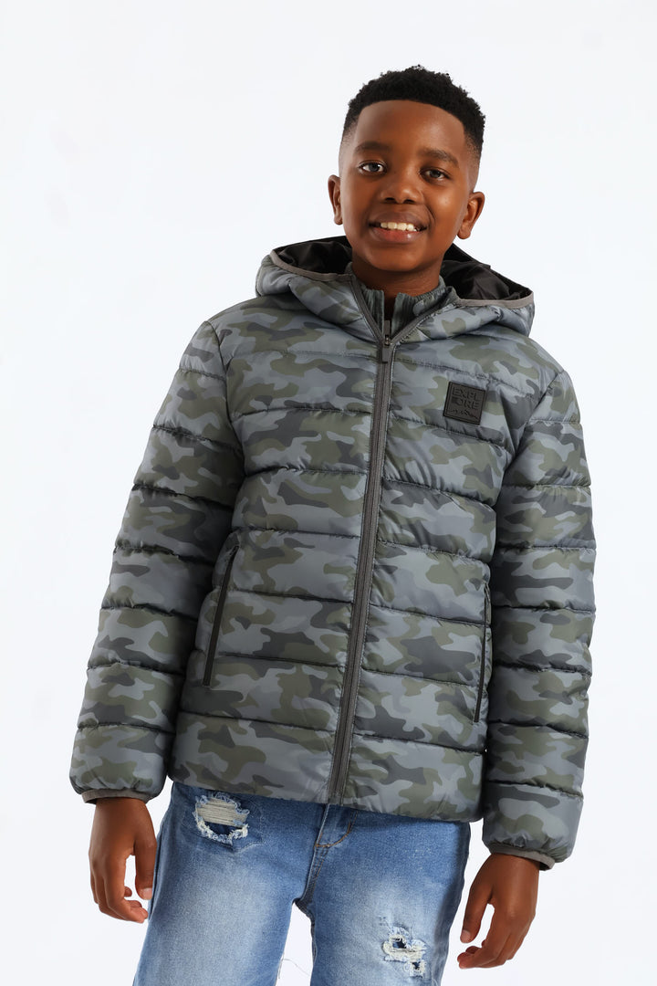 Boys Camo Print Puffer Jacket - Green