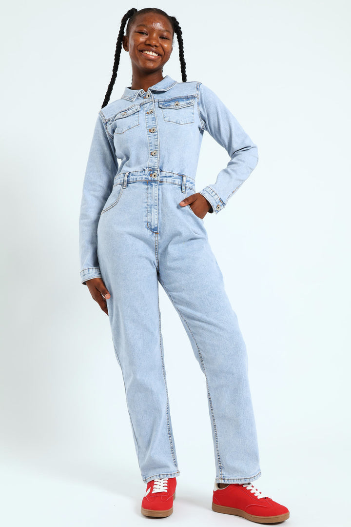 Girls Denim Boiler Suit - Acid Wash