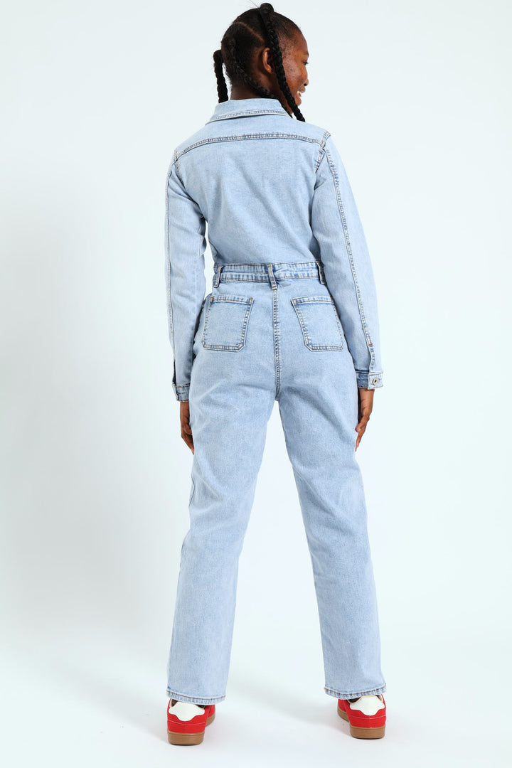 Girls Denim Boiler Suit - Acid Wash
