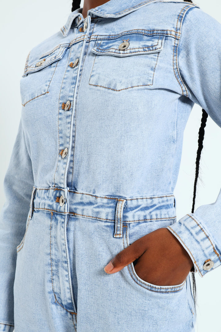 Girls Denim Boiler Suit - Acid Wash