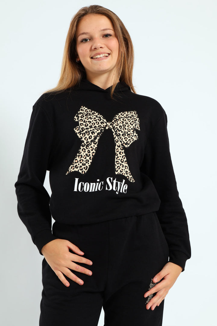 Girls Bow Iconic Fleece Top - Black