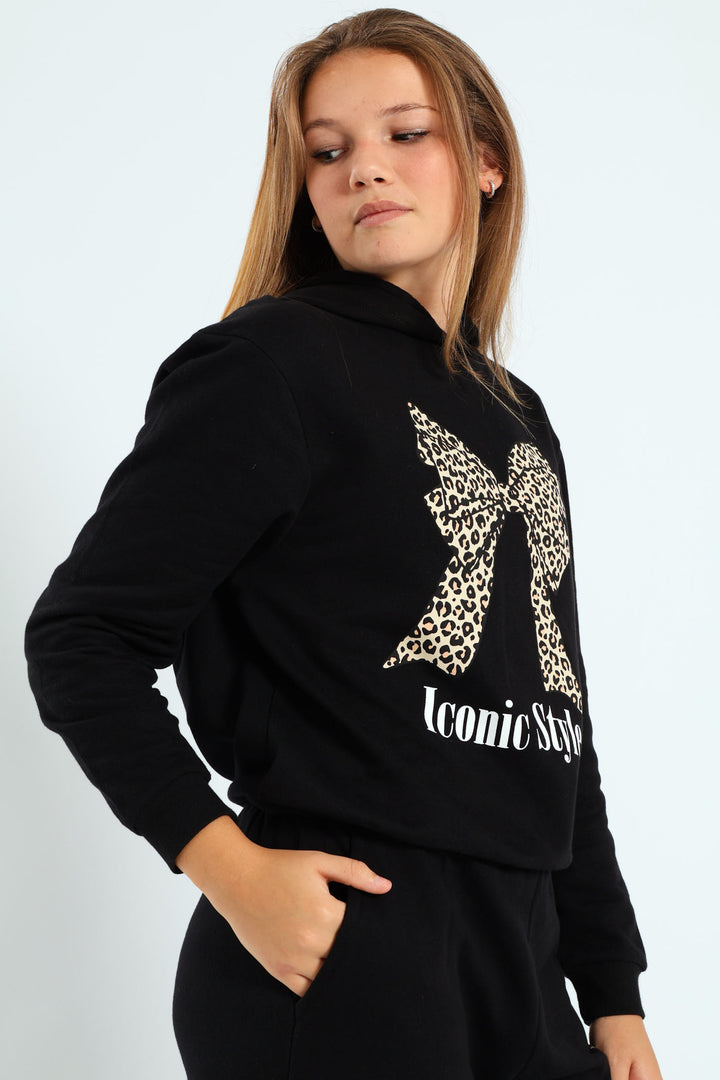 Girls Bow Iconic Fleece Top - Black