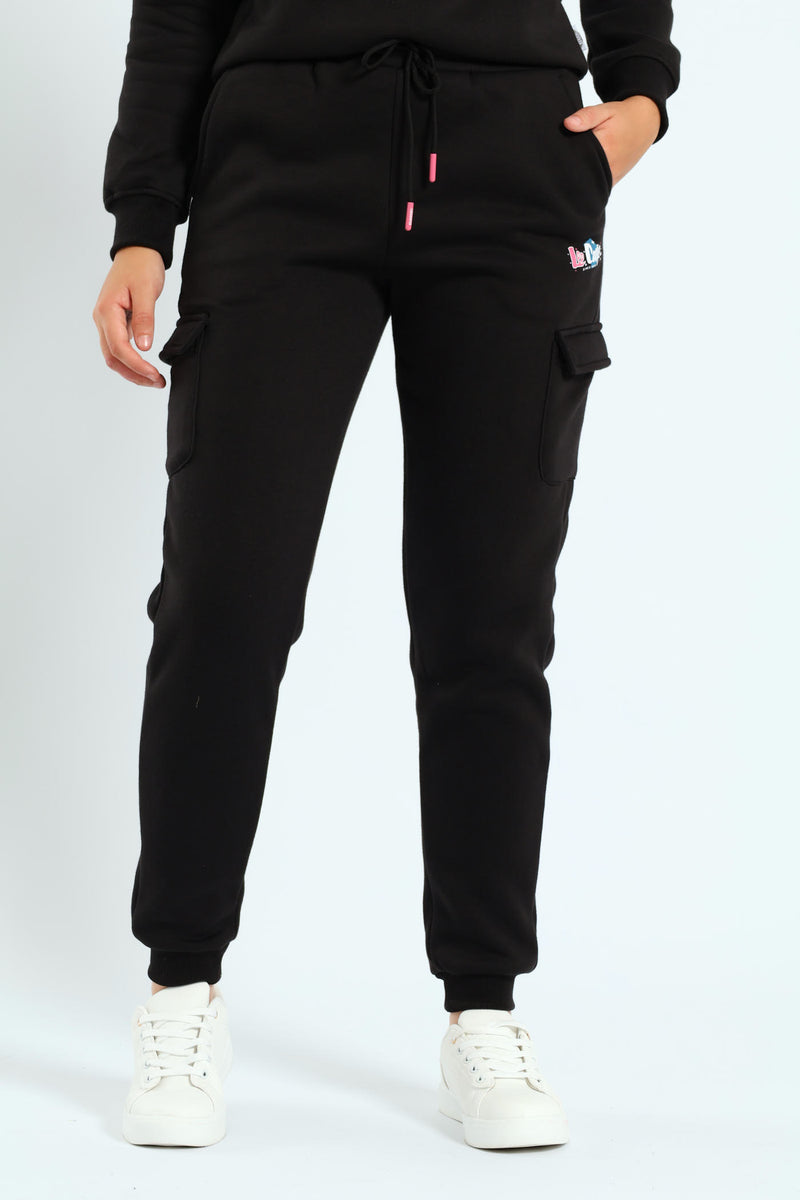 Girls Fleece Cargo Joggers - Black