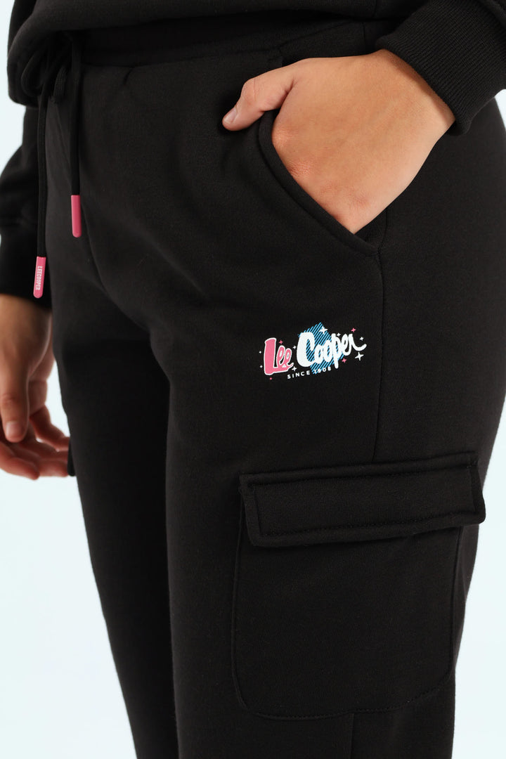 Girls Fleece Cargo Joggers - Black
