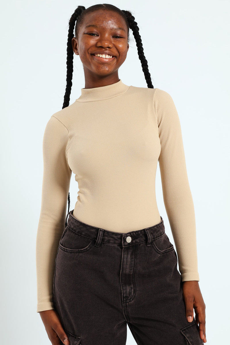 Girls Seamless Long Sleeve Bodysuit - Stone