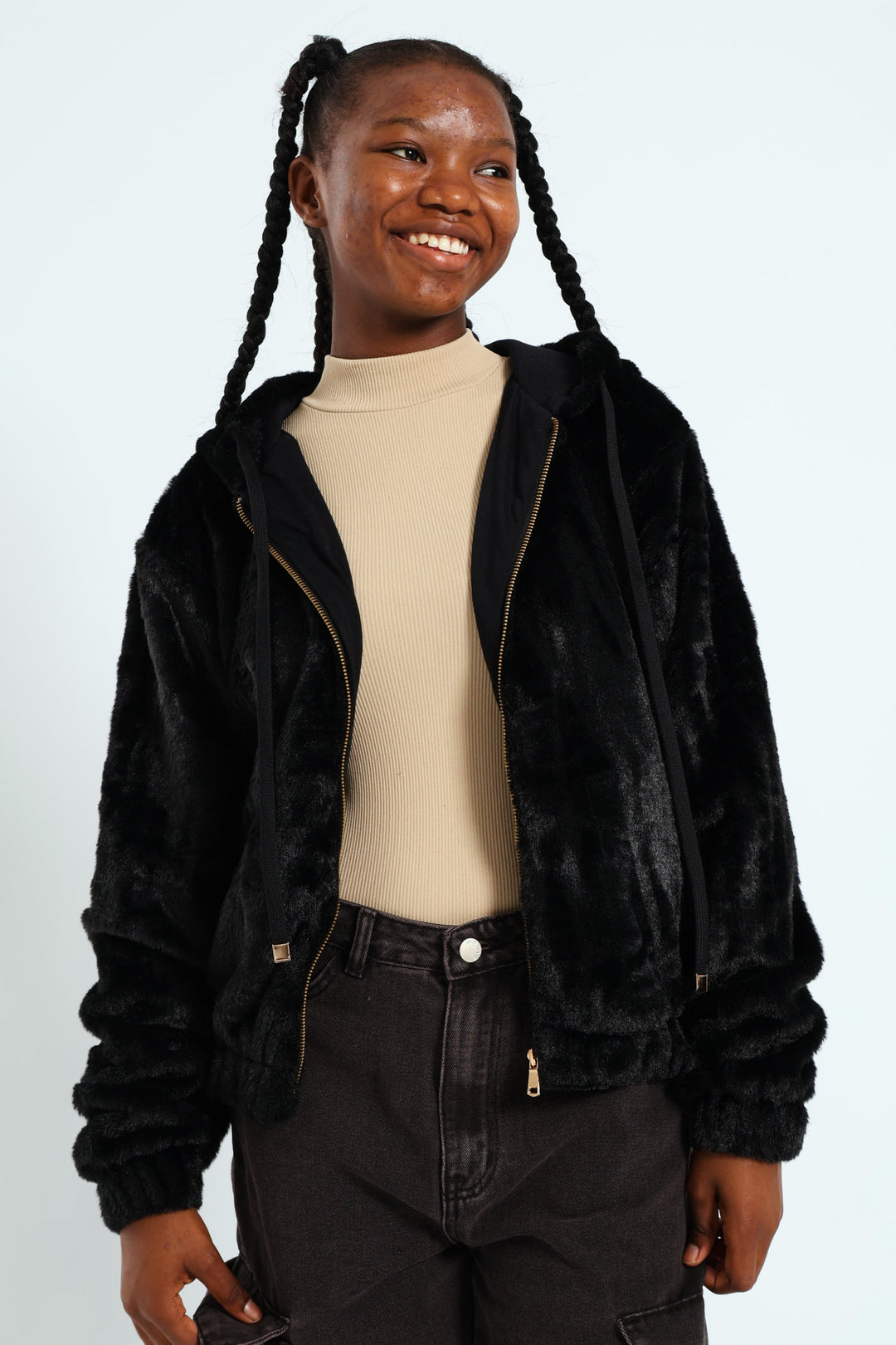 Girls Fur Hoody Jacket - Black