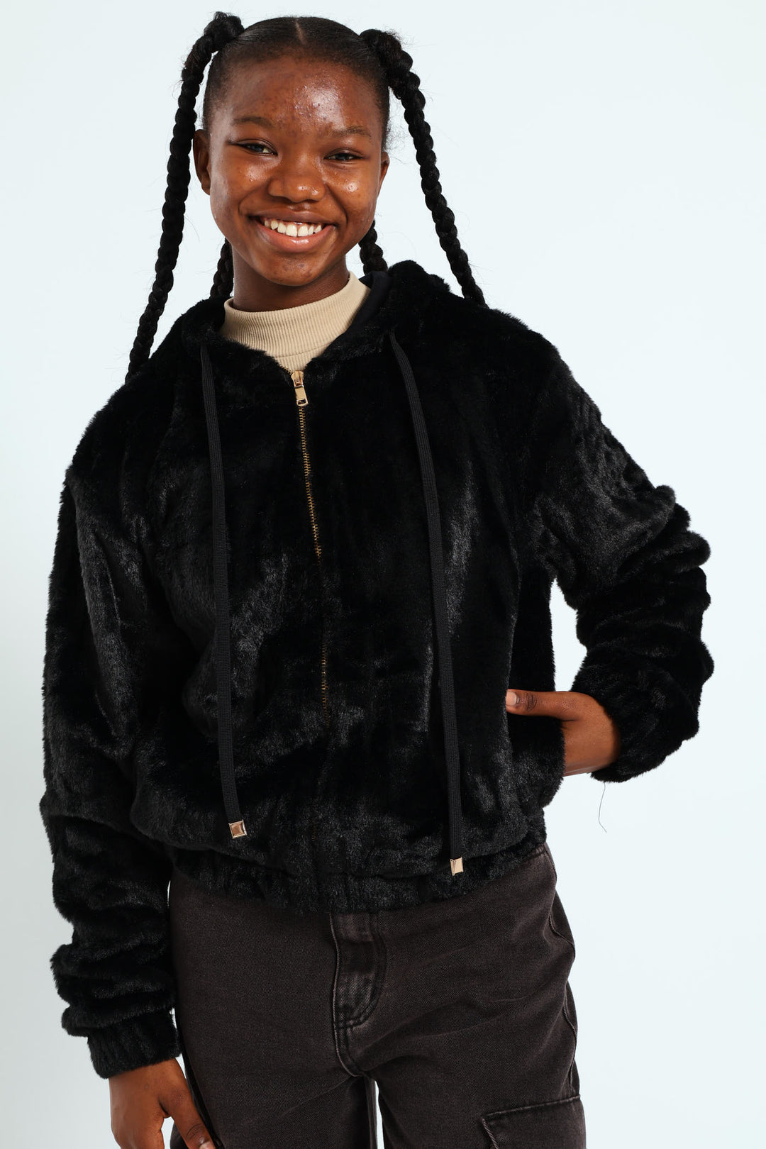 Girls Fur Hoody Jacket - Black