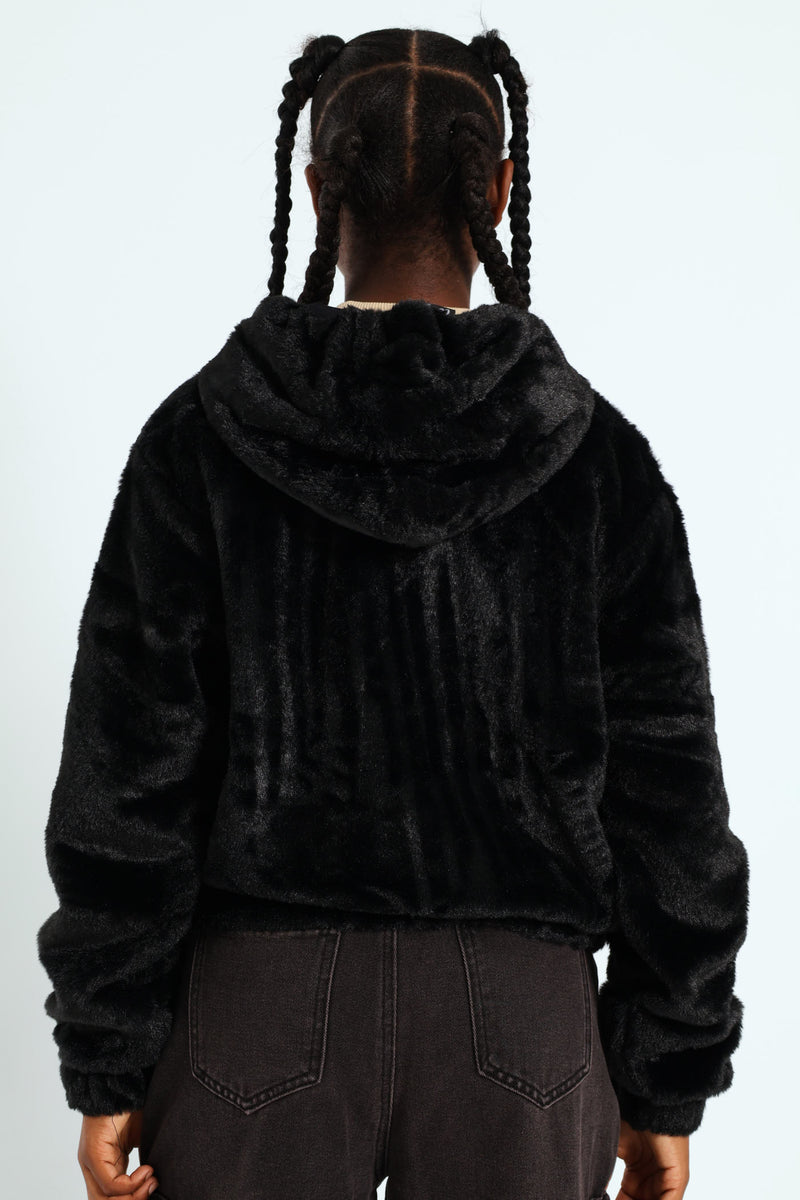 Girls Fur Hoody Jacket - Black
