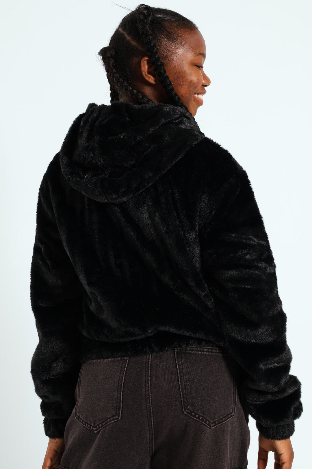 Girls Fur Hoody Jacket - Black
