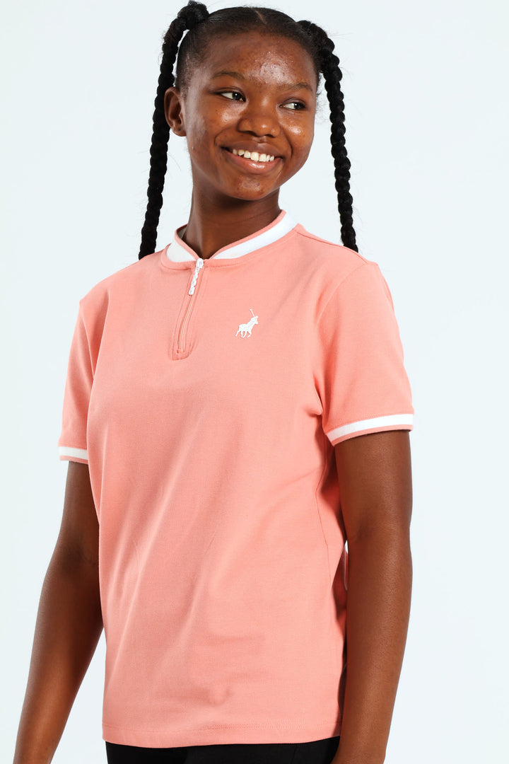Girls Hailey Short Sleeve Zip Golfer - Peach