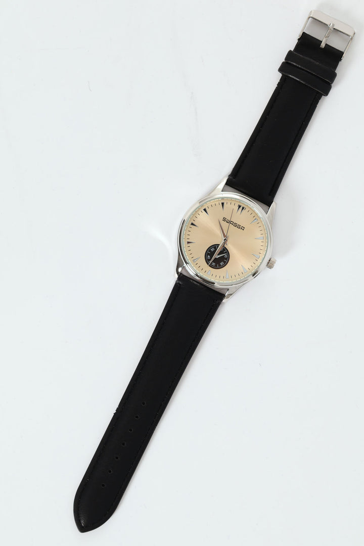 Black Pu Strap With Gold Dial Watch