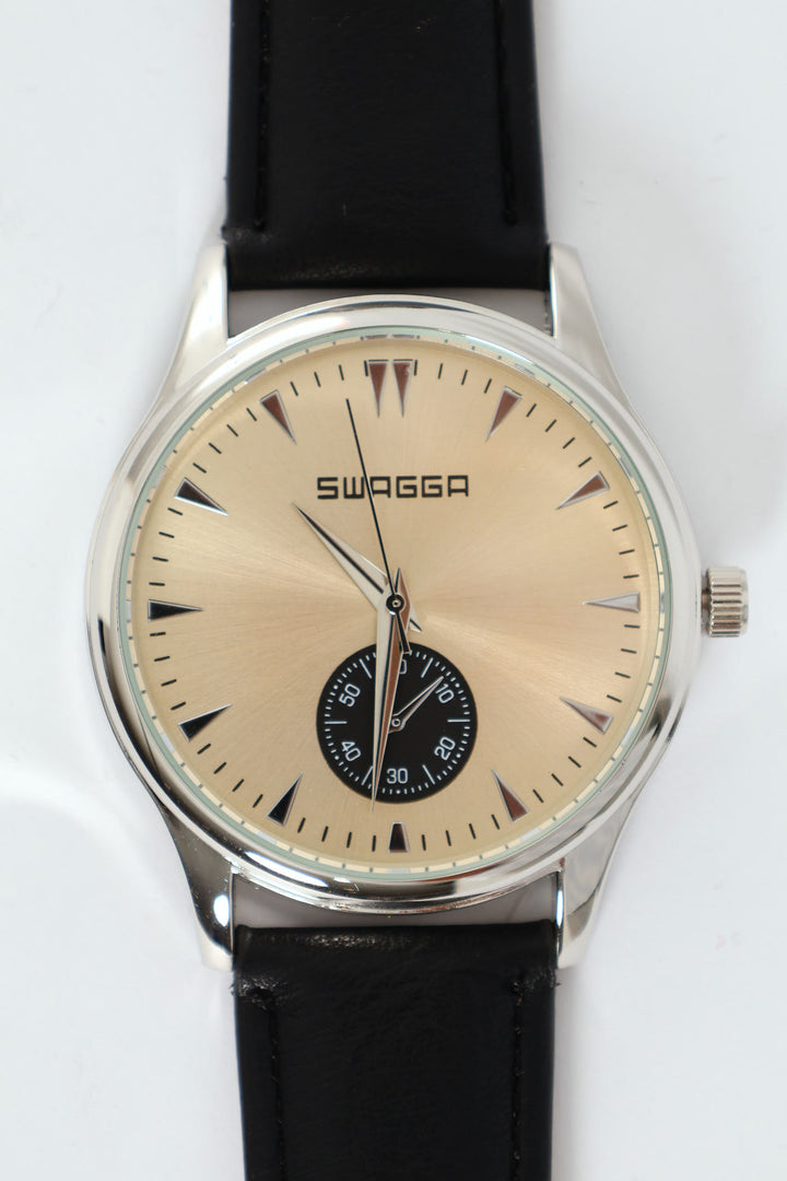 Black Pu Strap With Gold Dial Watch