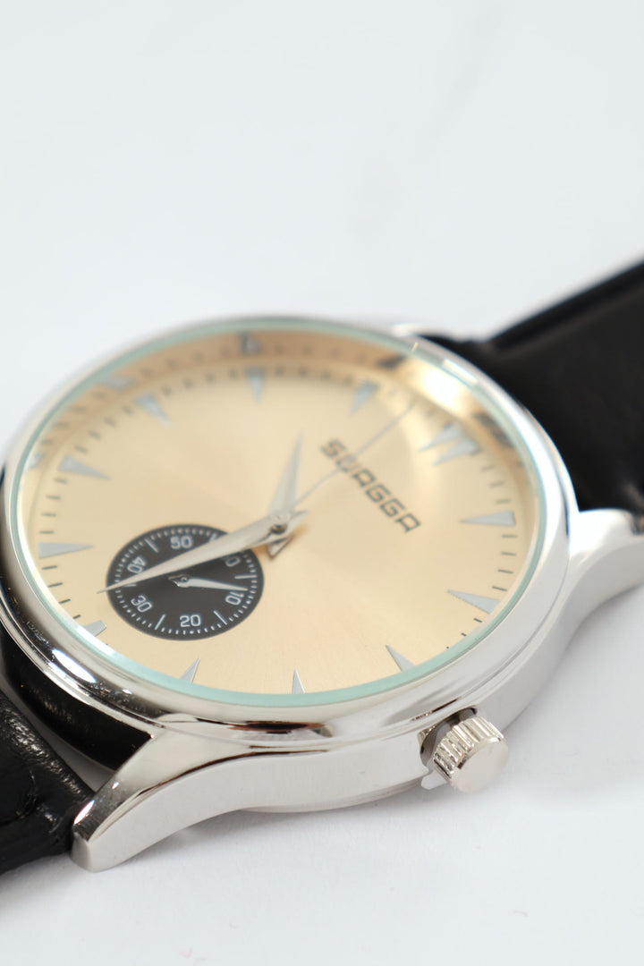 Black Pu Strap With Gold Dial Watch