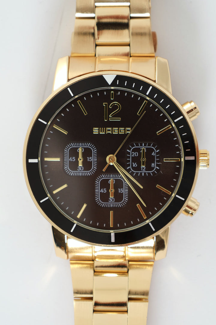 Gold Metal Strap Watch With Black Dial - Gold