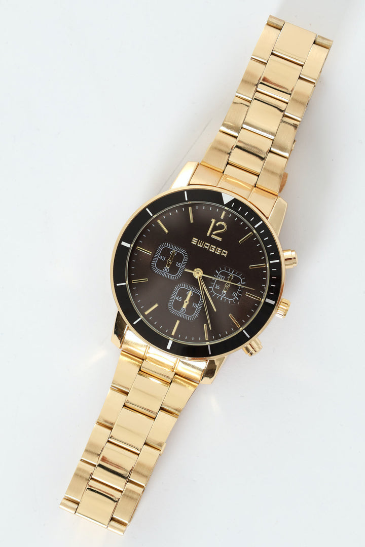 Gold Metal Strap Watch With Black Dial - Gold