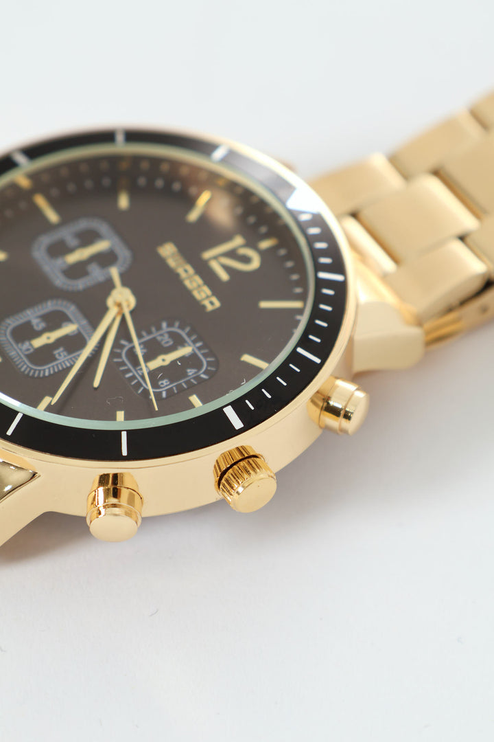 Gold Metal Strap Watch With Black Dial - Gold
