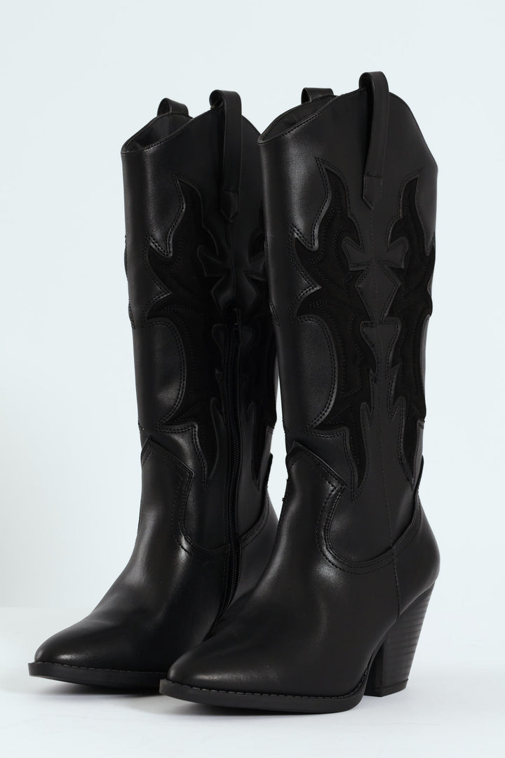 Detailed Cowboy Boot - Black