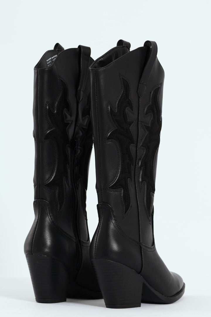 Detailed Cowboy Boot - Black