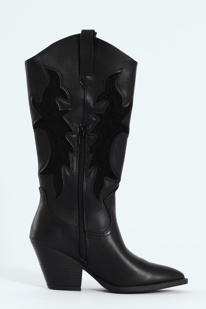 Detailed Cowboy Boot - Black
