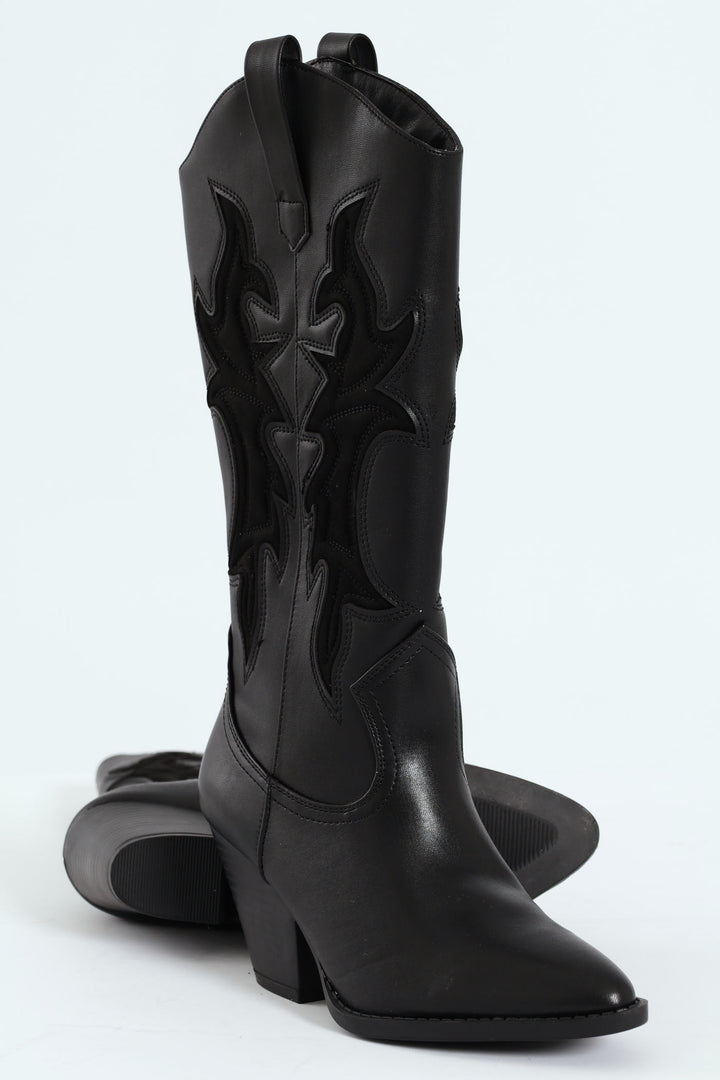 Detailed Cowboy Boot - Black