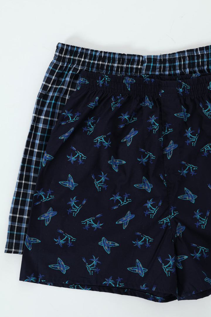 Boys 2 Pack Woven Check Palm Trees Boxers - Navy