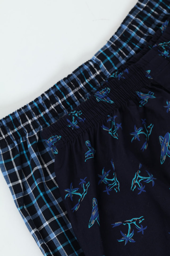 Boys 2 Pack Woven Check Palm Trees Boxers - Navy
