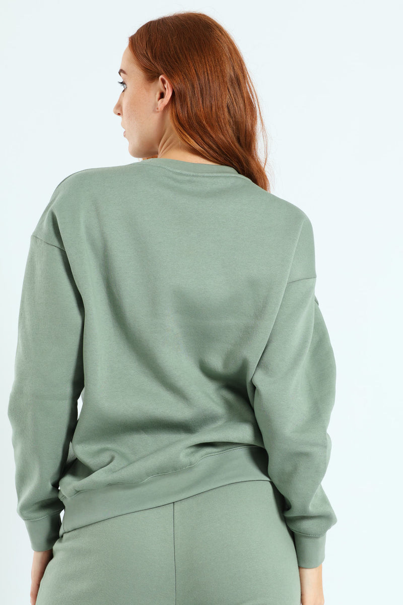 Essential Small Logo Relaxed Fleece Crew Top - Green