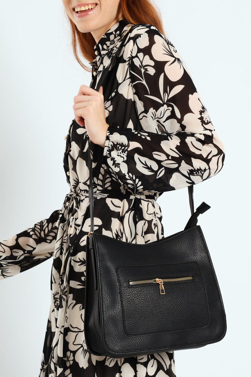 Front Zip Pocket Webbing Strap Crossbody Bag - Black