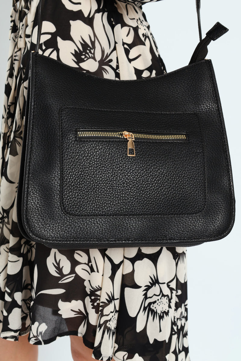 Front Zip Pocket Webbing Strap Crossbody Bag - Black