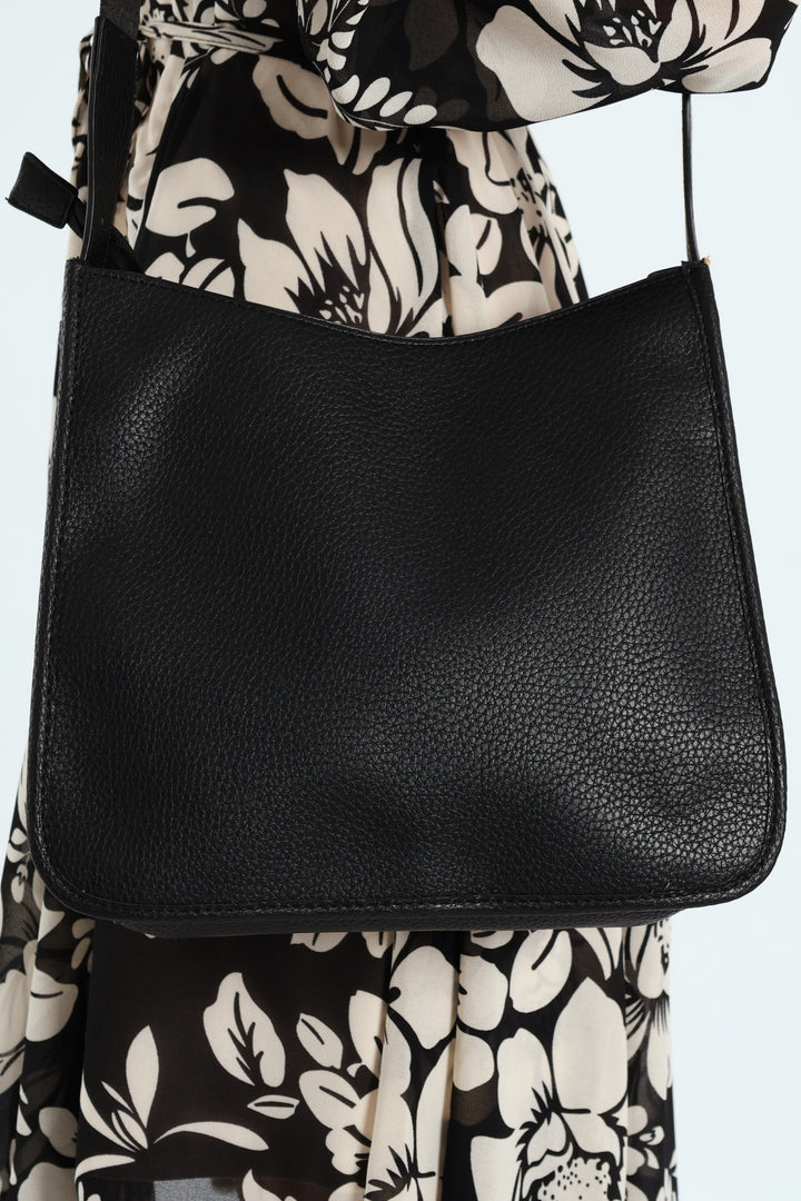 Front Zip Pocket Webbing Strap Crossbody Bag - Black