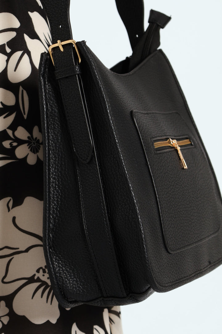 Front Zip Pocket Webbing Strap Crossbody Bag - Black